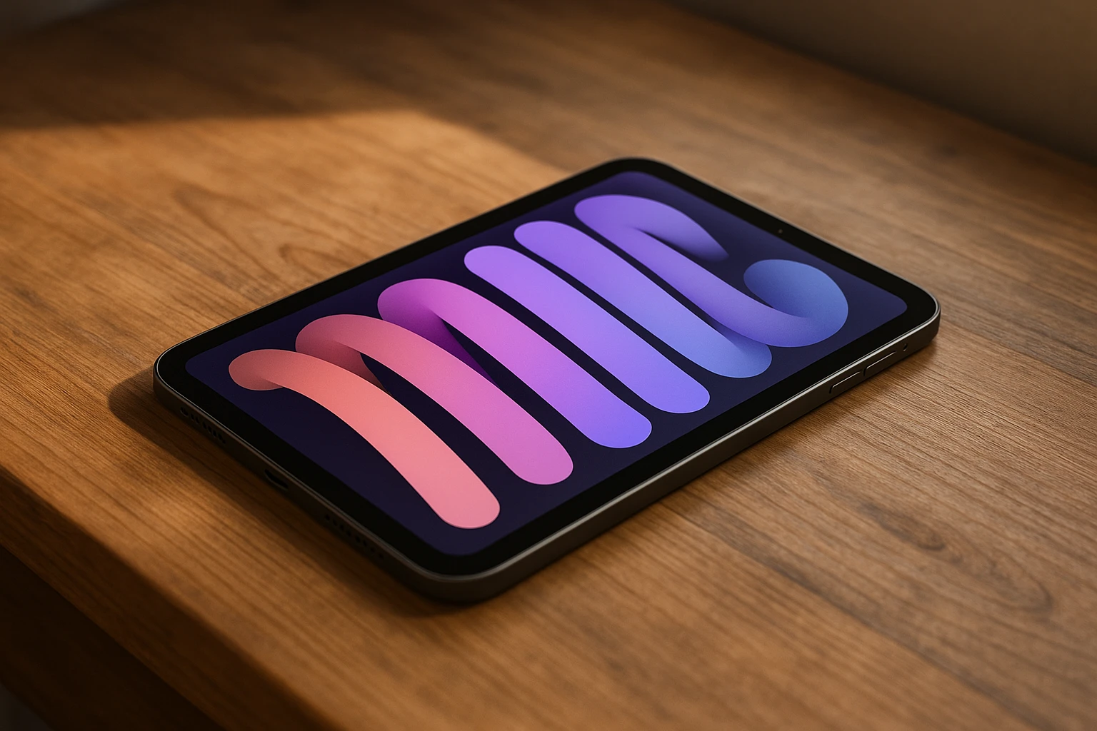 Immagine generata con Sora AI di un iPad Mini 6th gen appoggiato su una scrivania di legno.